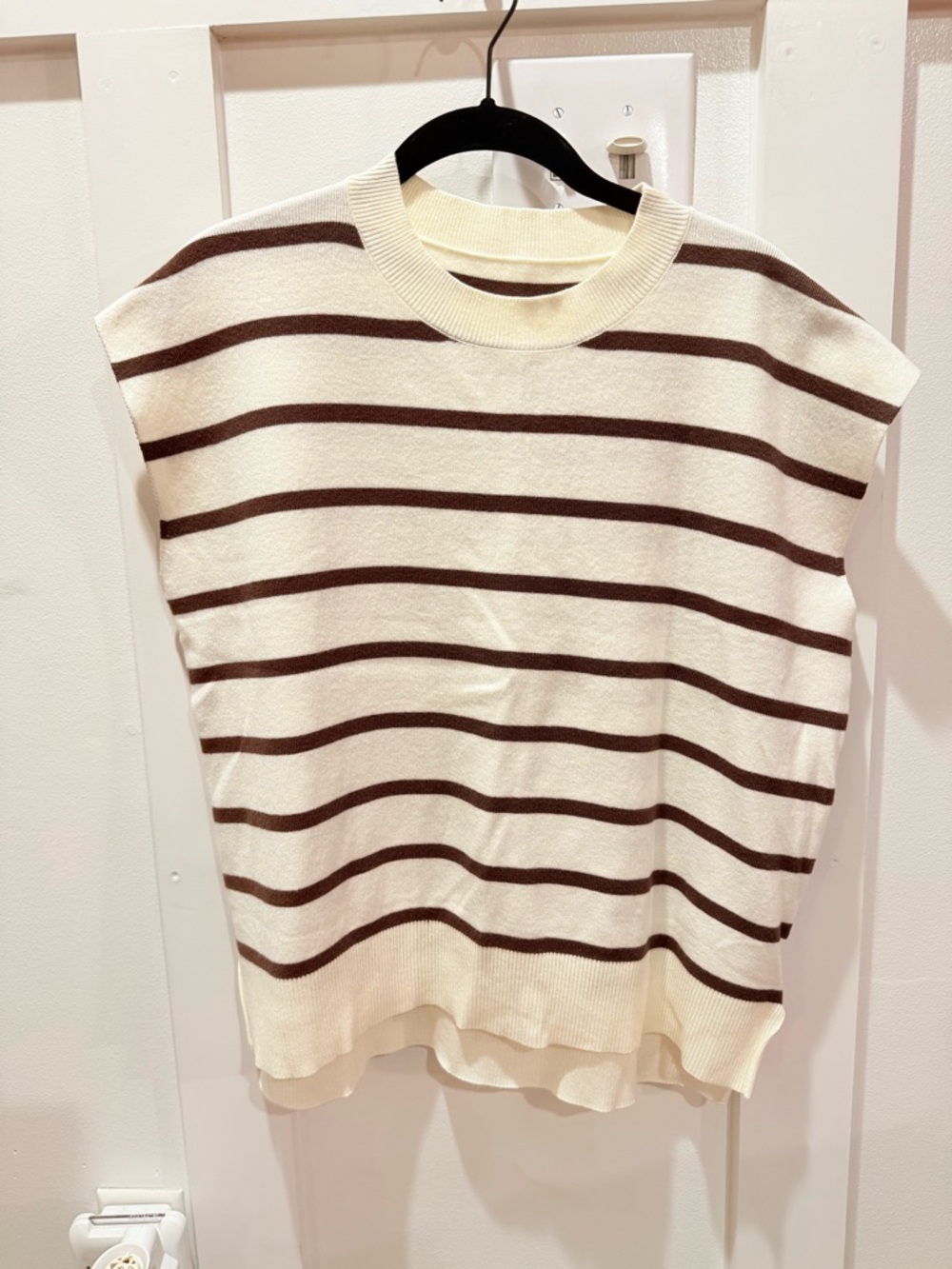 Cream and Brown Striped Knit Sleeveless Sweater